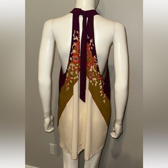 Free People "Beat of My Heart" tan ivory floral boho cutout tunic top dress S - Picture 4 of 6